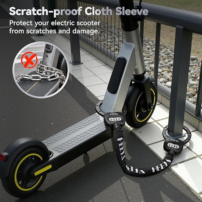 HEETA Electric Scooter Lock Anti Theft with Scooter Bag, 4 Digit Combination Bike Chain Lock, Heavy Duty Security Bicycle Lock Cable Accessories for E Scooter, E Bike, Motorcycle, Door, Gate & Fence