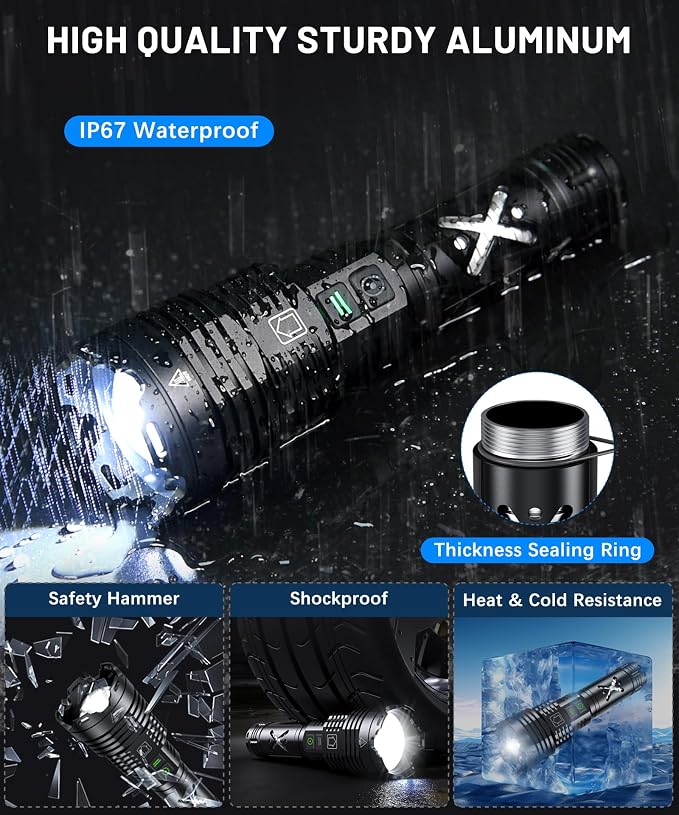 LED Rechargeable Flashlights High Lumens,2600,000 Lumens Super Bright Flashlight with Type-C Charging Port,6 Light Modes,Zoomable,IP67 Waterproof, Tactical Flashlight for Emergencies Camping