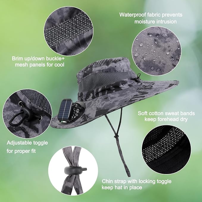 Outdoor Solar Powered Fan Hat for Men Women Breathable Wide Brim Hat with 2 Fans UPF 50+ Fishing Hat Beach Bucket Sun Hat