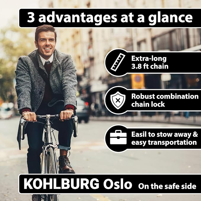 KOHLBURG Extra Long Bicycle Combination Lock - 3.8 ft Chain & 0.24” Strong Number Combination Bike Lock - Secure Chain Lock Almost 4 ft - Security 5-Digit Bike Lock Combo for Bicycle & e-Bike