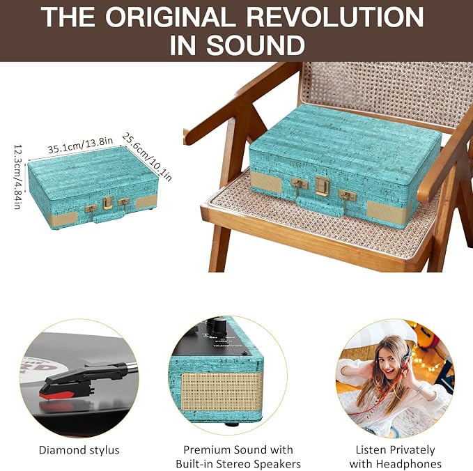 Retrolife Record Player 3 Speed Bluetooth Portable Suitcase Vinyl Player with Built-in Speakers Turntable Enhanced Audio Sound PU Leather Vintage