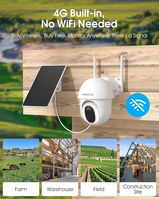 ARCCTV 4G LTE Cellular Security Camera Outdoor, Wireless Solar Powered, no WiFi, SIM Card Included, 4MP Color Night Vision, 360° Pan-Tilt, Local/Cloud Storage