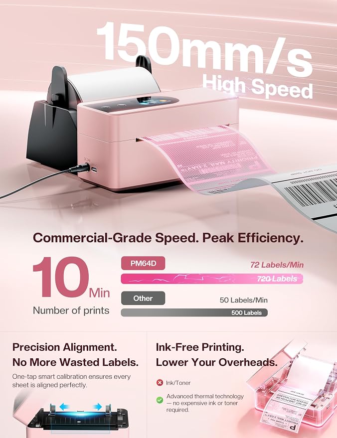 Phomemo 4x6 Shipping Label Printer with Touch Screen, Bluetooth Thermal Printer for Small Business, Auto Label Detection, 150mm/s High Speed, Compatible with Amazon, USPS, UPS, with 500 Pink Labels