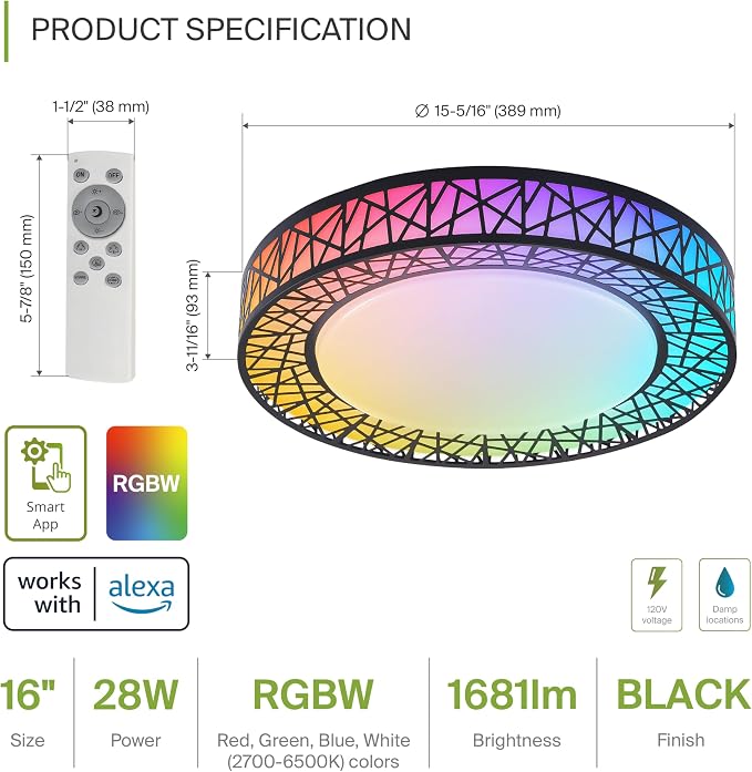 ASD 16 Inch Smart RGBW Flush Mount Ceiling Light with Remote - Matte Black 28W 120V 2700-6500K Dimmable Ceiling Light Fixture, WiFi App Control RGB Lights, Alexa & Google Assistant - ETL