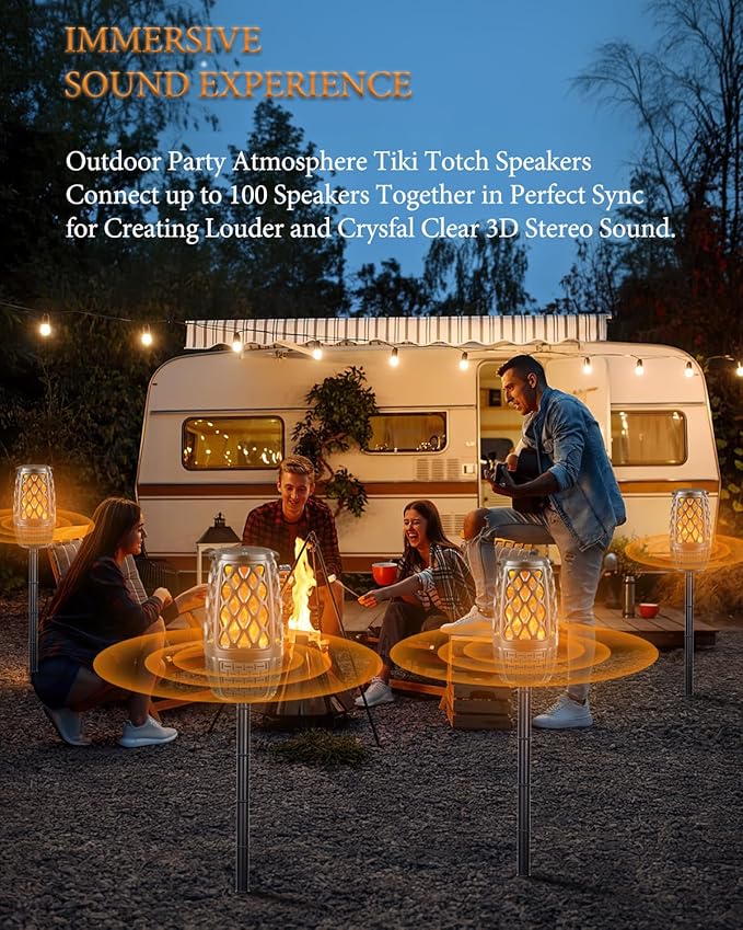 2 Pack Outdoor Bluetooth Speakers, Upgrade Multi-Sync Bluetooth Party Speakers with Flame Light, Built-in 360° HD Stereo Sound, Cool Tech Gadgets Upgraded IPX7 Waterproof for Patio Porch, Gift for Men