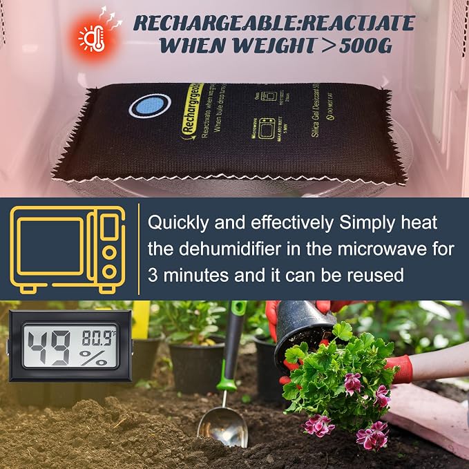 Tellegloww 8 Pcs 500 Grams Rechargeable Silica Gel Desiccant Packets with Mini Digital LCD Hygrometer Thermometers Dehumidifier Bag for Gun Safe Closet Basement Car Storage Clothes Moisture Absorber