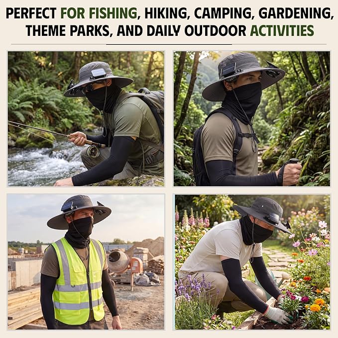 Syhood Solar Powered Fan Hat Neck Gaiter Arm Sleeves Sun Bucket Hat with Fan Cooling Wide Brim Hats for Fishing Hiking