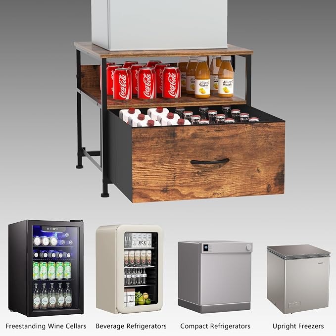 Unionly 180 lb Mini fridge Table with Drawer fridge Shelf, Smal fridge cabinet with storage,Heavy Duty Mini Fridge Standwith Charging Station, 4 Adjustable Feet for Home Kitchen Rustic Brown