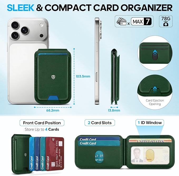 SHIELDON Strong Magnetic Wallet for Magsafe, Genuine Leather Adjustable Stand 6 Card Holders Quick Access ID Window, Mag Wallet Compatible with iPhone 17/16/15/14/13/12 Series Women Men - Evergreen