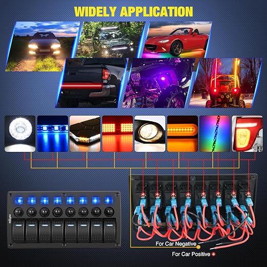 Nilight 8 Gang Rocker Switch Panel Waterproof Pre-Wired Marine with Resettable Circuit Breaker LED Backlight 5A 10A 15A Breakers 12V 24V ON Off 3 PIN Toggle Switches for Car Truck Boat RV