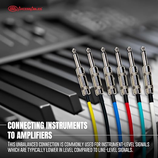 AxcessAbles Audio 1/4-Inch TS Guitar Amp & Bass Patch Cables - Metal Connectors, OFC Copper Wire | TS 1/4" Guitar Mono Cables| Male to Male 6ft Multicolor Instrument Patch Cords (6ft - 6 Pack)