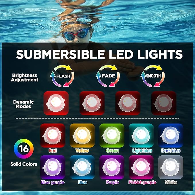 AHAWILL 100FT RGB Swimming Pool Lights for Inground & Above Ground Pools,IP68 Waterproof,Plug-in 16 Shell Pool LED String Lights,Remote/APP Control,16M Colors,DIY Timer,44 Dynamic Modes for Pool Decor