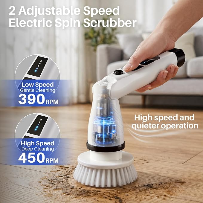 JOYMOOP Electric Spin Scrubber, Cordless Cleaning Brush 450 RPM with 100-Min Runtime, IPX7 Waterproof Power Scrubber with 8 Brush Heads, Adjustable Long Handle for Bathroom, Floor, Tile, Kitchen