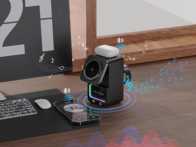 4 in 1 Magnetic Wireless Charging Station, Foldable Wireless Charger Stand with Bluetooth Speaker for iPhone 16 15 14 13 Series for AirPods 3/2/Pro for Apple Watch Ultra/SE/9/8/7/6/5/4/3/2/1 (Black)