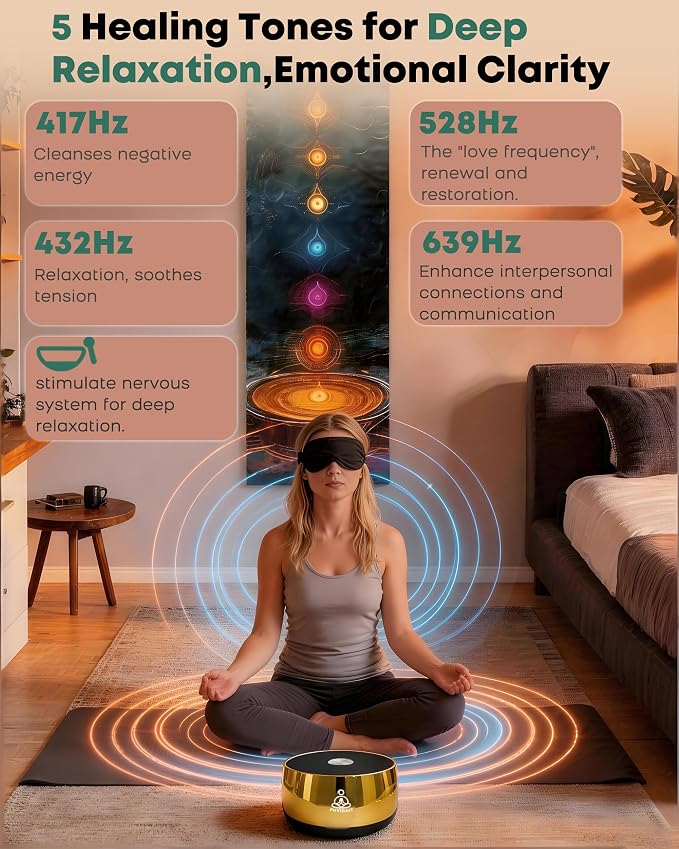 Portable Electronic Tibetan Singing Bowl, 4 Healing Frequencies (417-639Hz)& Singing Bowl Tone - USB-C Rechargeable Meditation Musical Instrument for Yoga, Relaxation, Reiki, Chakra Balance Gold