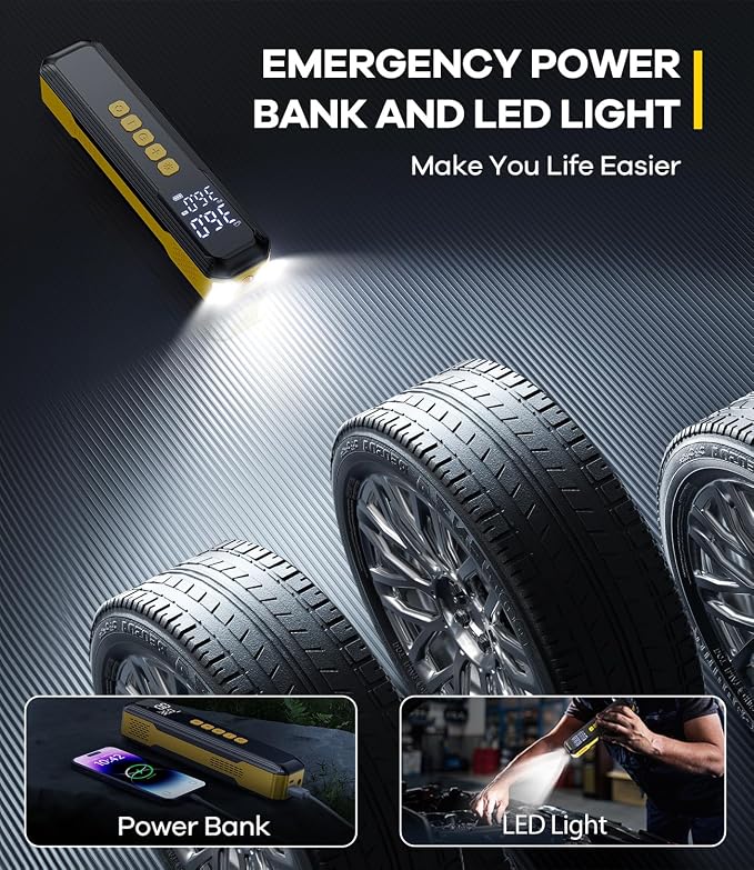 Tire Inflator Portable Air Compressor, 150PSI Air Pump for Car Tires with LED Light, Cordless Tire Pump with Digital Pressure Gauge, Tire Inflator for Car, Bike, Motorcycle, Ball (Yellow-length)