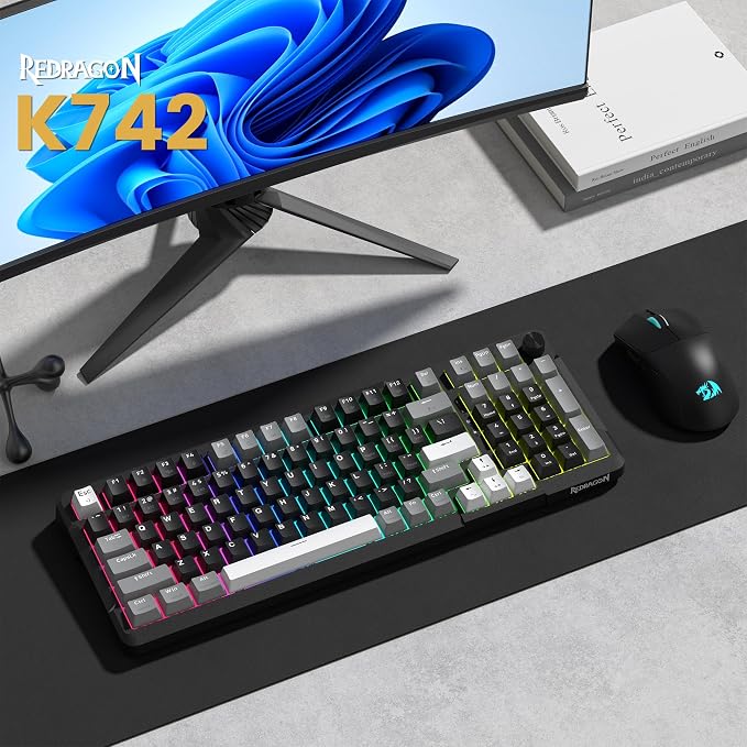 Redragon K742 Wireless Mechanical Gaming Keyboard with Knob, Bluetooth 5.0/2.4GHz/USB C Wired Creamy Keyboard with Number Pad for PC Computer, RGB Backlits, Hot-Swappable with Linear Switches (Black)