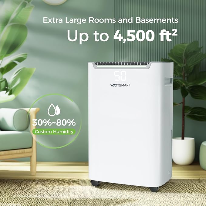 4,500 Sq.Ft Dehumidifier for Basement with Drain Hose, 50 Pint Dehumidifiers for Large Home with Three Operation Modes, Intelligent Humidity Control, 24HR Timer for RV, Bathroom, Bedroom