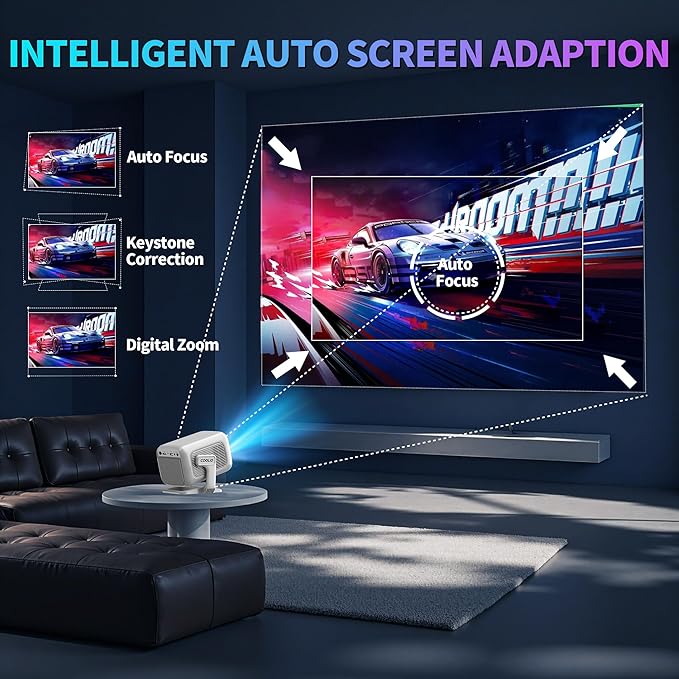 [Auto Focus & 2026 Upgraded] Mini Projector 1080P FHD Support 4K Portable Projector with WiFi6 and Bluetooth5.4 Built-in App 180° Adjustable Auto Keystone, Compatible with HDMI/Laptop/USB, White