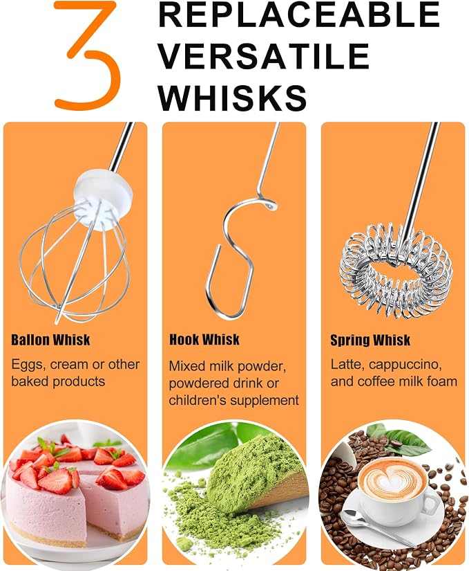 YUSWKO Milk Frother Handheld with 3 Heads, Electric Whisk Drink Foam Mixer with USB Rechargeable 3 Speeds, Mini Frother for Coffee Latte, Cappuccino, Hot Chocolate, Egg