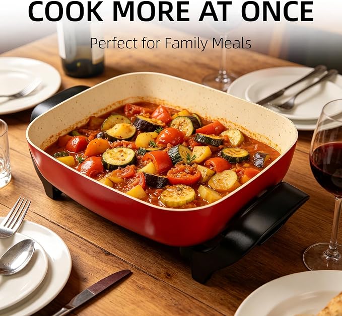 15'' Ceramic Nonstick Electric Skillet with Tempered Vented Glass Lid,Thermostat Control to Prevent Overheating,Removable Easy-to-Clean,Vibrant Red