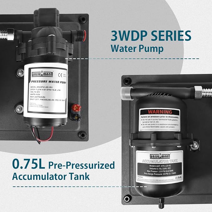 WASSERMANN 12V RV Water Pump and Accumulator Tank System, 4.0GPM 45PSI Self Priming Water Diaphragm Pump with 0.75L 10 PSI Pre-Pressurized Accumulator Tank, Pressure Switch, for Boat Garden RV Camping