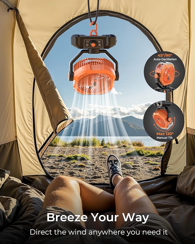 Portable Camping Fan, Misting Desk Fan with Remote, 360ML Water Tank, 16000mAh, 5 Speeds, Timer, 18-70 Working Hours, Battery Operated Fan for RV Camp Hurricane Emergency Orange