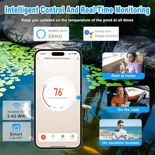 Briidea WiFi Pond Thermometer, 120V 1500W Smart Water Temperature Controller with Timer, Remote Monitoring via Smart Life App, Works with Alexa & Google Assistant, Ideal for Koi Ponds & Fish Tanks