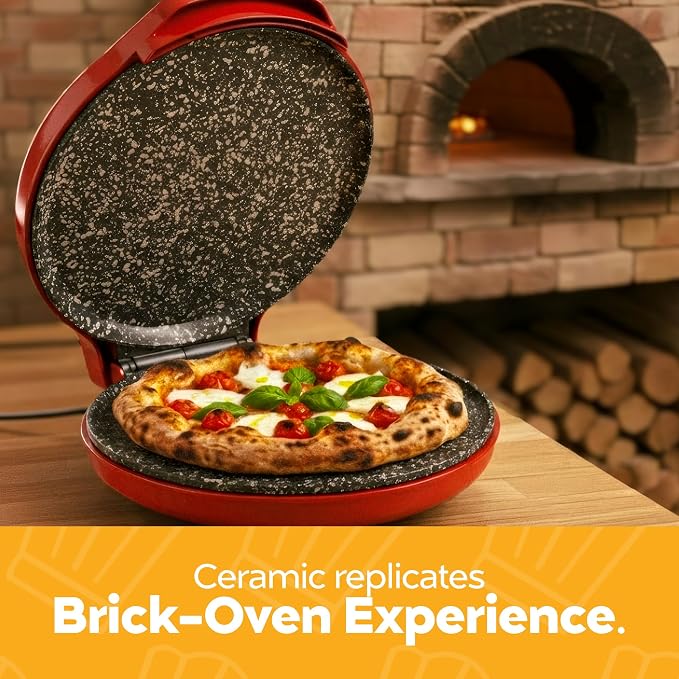 MisterChef Countertop Pizza Maker, 1450W Mini Pizza Oven, Pizza Maker Oven With 12″ Non-Stick Ceramic Plate, Indoor Electric Pizza Oven for Crepes, Pancakes - Red