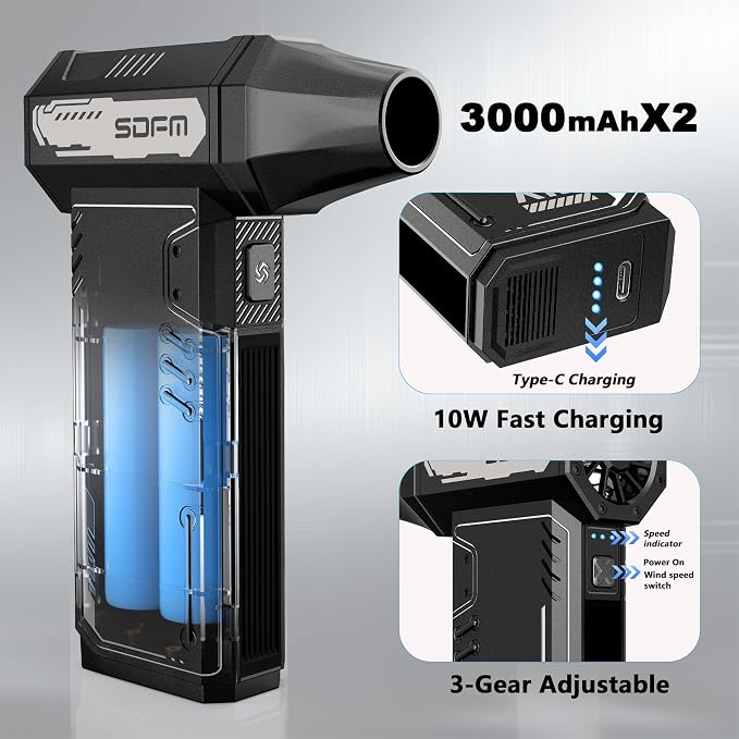 SDFM Compressed Air Duster - 180,000 RPM Electric Air Duster - with Brushless Motor, 3-Gear Adjustable Air Duster - for Keyboard, PC, Car, Air Bed, and Home Cleaning (X15)