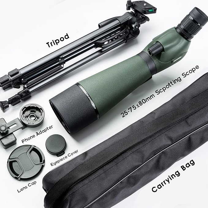 25-75x80 Spotting Scope for Target Shooting with Upgraded Tripod Carrying Bag and Phone Adapter Spotter Scope for Bird Watching, Wildlife Viewing, Blac