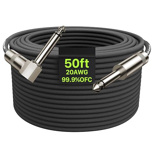 AA AUDIO ACCESSORY 50 ft Guitar Cable, 20AWG 99.99% OFC - A Must for Long Instrument Cable, Nylon Braided Anti-Kinking Kevlar-Reinforced, AL & OFC Shielded 1/4 Bass Amp Cord for Fender Electric Guitar
