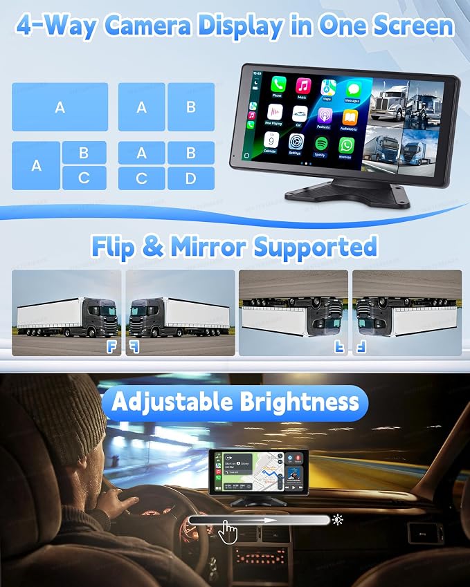 10.36" RV Camera System with CarPlay & Android Auto Touch Monitor | Wired 4CH 1080P IP69 Waterproof Backup Camera. BSD blind spot alert & DVR Loop Recording for Semi Truck, Trailer, Camper, RV