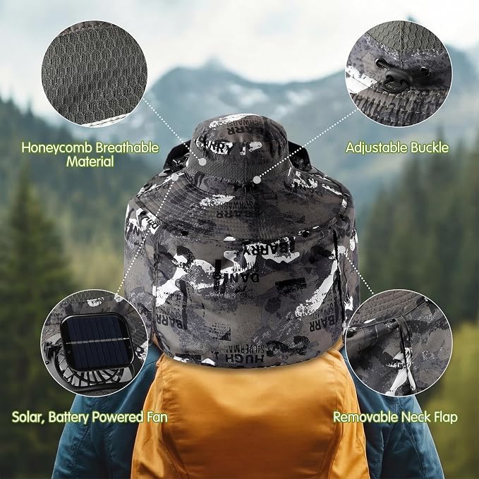 3 Pcs Solar Fan Hat with Arm Sleeves Neck Gaiter Wide Brim Sun Hat Solar Powered USB Charging for Men Women