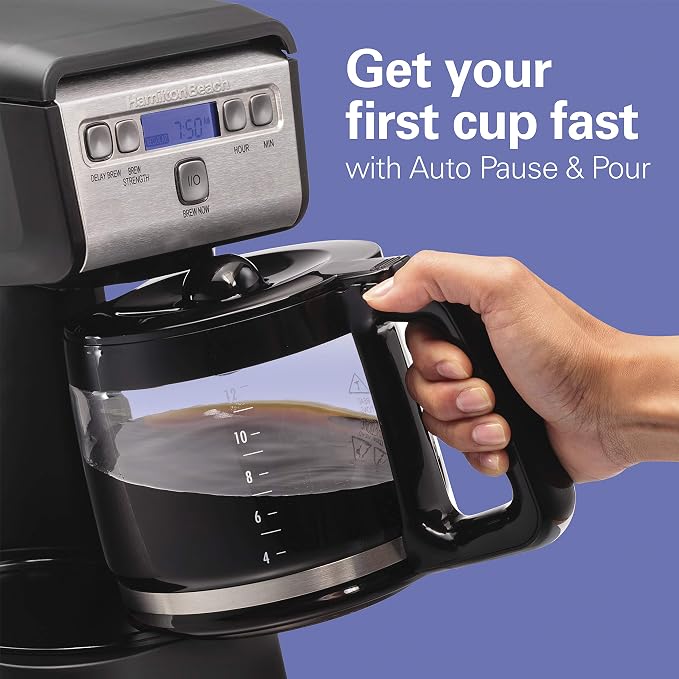 Hamiton Beach 12 Cup Compact Programmable Drip Coffee Maker with No-Drip Burosilicate Glass Carafe, 2-Hour Auto Shutoff, Space-Saving Design, Black with Stainless Steel Accents (46200)