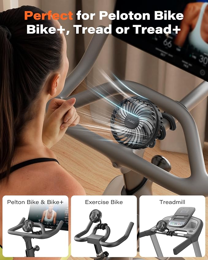 A2C 4.7-Inch Big Cooling Fan for Peloton Bike Bike+ or Tread, 16.5" Long Bendable Arm, Rechargeable 4000mAh Battery, 360° Rotation, 3 Speeds, fits Treadmill Exercise Workout Stationary Cycling Bikes