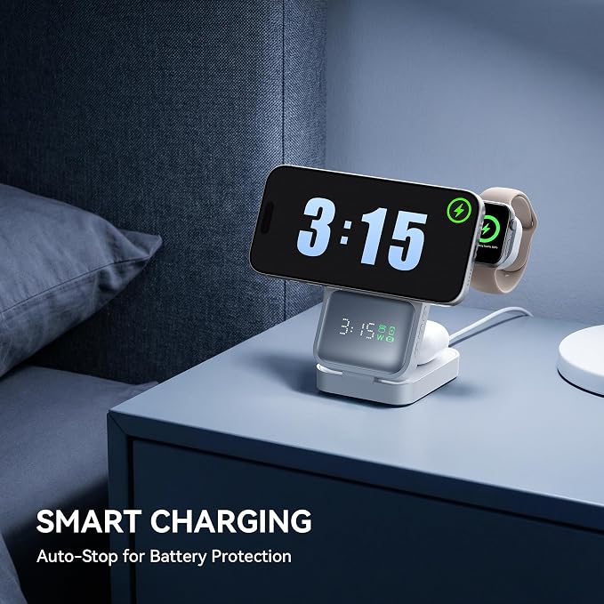 3-in-1 Charging Station for MagSafe Wireless Charger Clock, LED Screen with Power Display, 15W Fast Charging, Compatible with iPhone 17/Air/16/15, iWatch Ultra 3, AirPods Pro 3, White