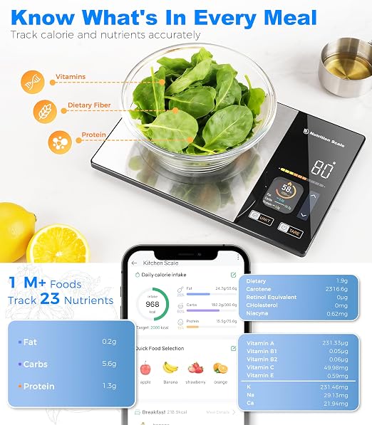 Smart Nutrition Scale - Calorie & Nutrients Tracker for Weight Loss, Fitness, Meal Prep, Free App Connected Food Scale with Barcode Scan, Food Preload & Color Display, 1g Precision, 11lb, Black