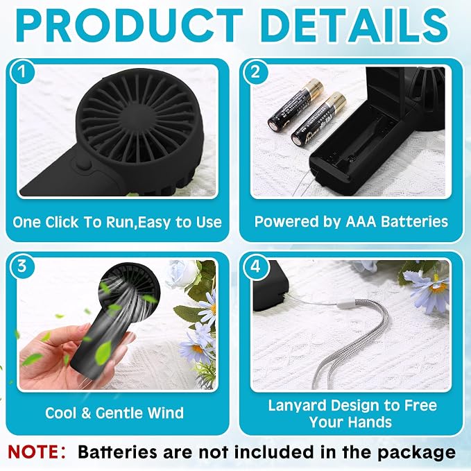 Rossesay 12 Pcs Mini Portable Fan Handheld Battery Operated Portable Small Personal Fans for Summer Beach Indoor Outdoor Travel Cooling Gift (Black)