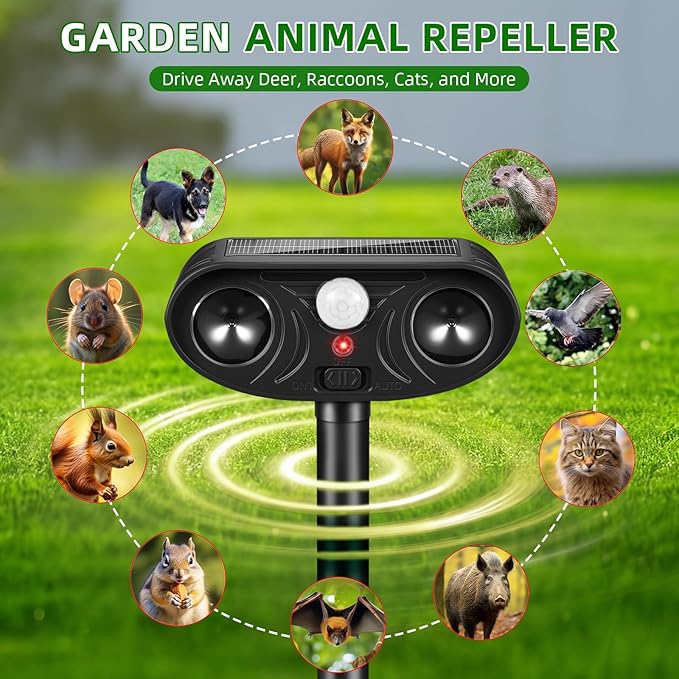 2026 Upgraded Solar Ultrasonic Animal Repellent, 4 Pack IP65 Waterproof Sonic Deer Deterrent, Motion Activated Outdoor Repeller to Keep Cats, Squirrels, Raccoons, Skunks & Dogs Away from Garden, Yard