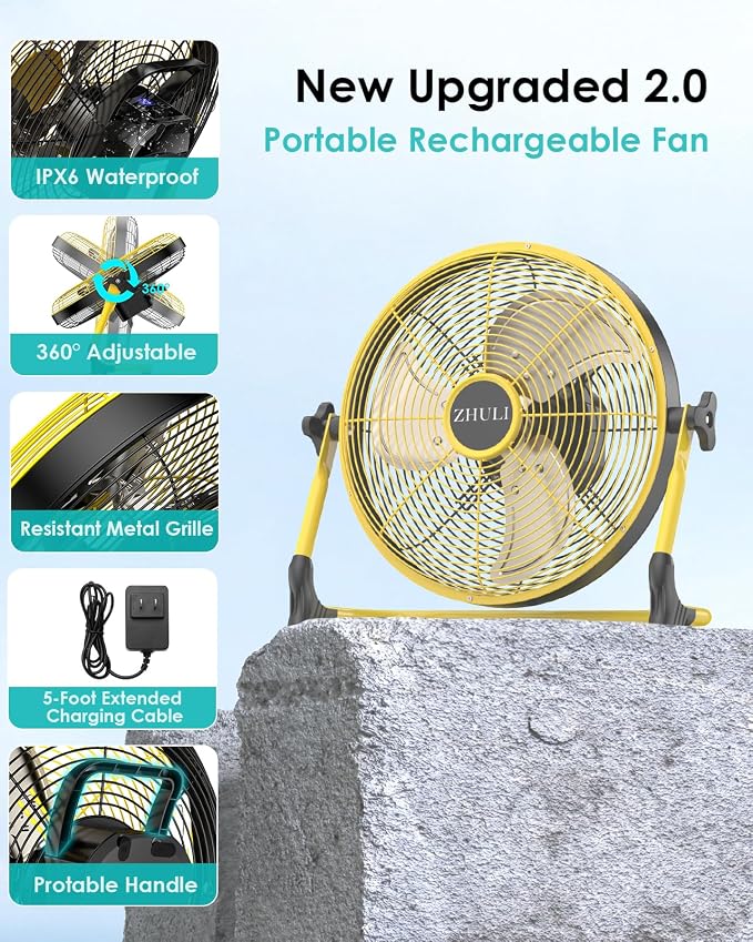 ZHULI 11" Portable Battery Operated Floor Fan, Rechargeable Cordless Camping Fan, Hi-Velocity Brushless Motor, Metal blade, USB Phone Charge, 8~60H Runtime, Quiet, Wireless, For Outdoor Home Workshop