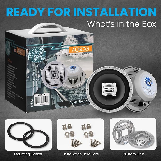 LANZAR 6.25 Inch Marine Speakers - 2 Way Water Resistant Audio Stereo Sound System with 400 Watt Power, Attachable Grills and Resin Treatment for Indoor and Outdoor Use - 1 Pair - AQ6CXS (Silver)