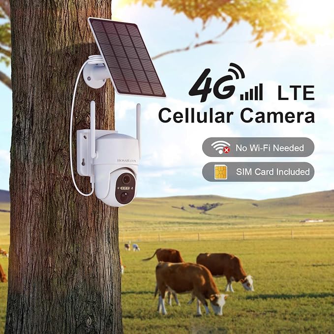 HOSAFE.COM 4G LTE Cellular Security Camera Wireless Solar Powered, Free Cloud Storage, No WiFi Security Camera Outdoor, 2K PTZ 360°, IP66 Waterproof for Farm Barn Jobsite Off-Grid