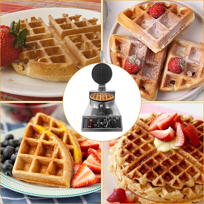 Commercial Waffle Maker, 1200W Stainless Steel Nonstick Round Waffle Iron with 122℉ to 572℉ Temp Range & Time Control, for Household Bakeries Snack Bar