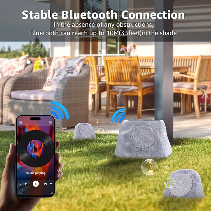 uuffoo 1-to-2 Solar Powered Rock Speakers Outdoor Water-Resistant IP44 Rock Speaker with Bass and USB Charging for Patio Pool Party Yard Garden Outside