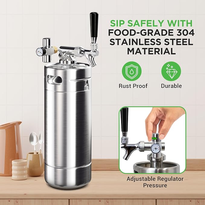 NutriChef Pressurized Growler Tap System, 128oz Stainless Steel Mini Keg Dispenser Portable Kegerator Kit, Co2 Pressure Regulator Keeps Carbonation for Craft Beer, Draft and Homebrew