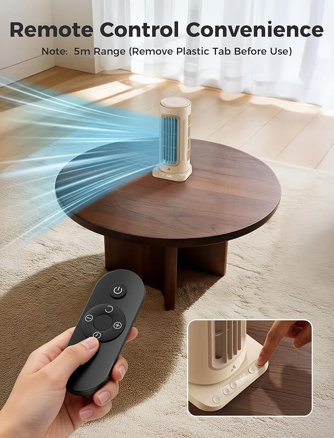 Aecooly Powerful Tower Fan for Bedroom,8000mAh Battery, 21H Max Cooling with Remote Control, 100 Speeds, 1-12H Timer, 60° Oscillation,11 Inch Portable Desk Fan for Home,Office - Beige