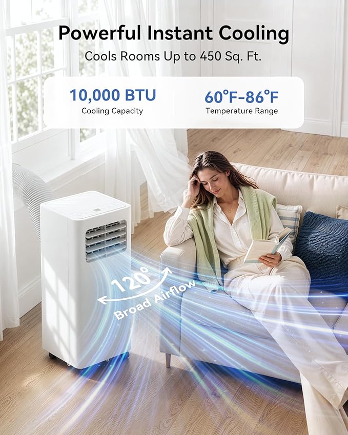 Feelfunn 10,000 BTU Portable Air Conditioner - Cools 450 Sq. Ft., 3-in-1 Portable AC Unit with Cool/Fan/Dehumidifier/Sleep, Quiet AC with LED Display, Remote & 24H Timer, for Bedroom, Dorm, Apartment