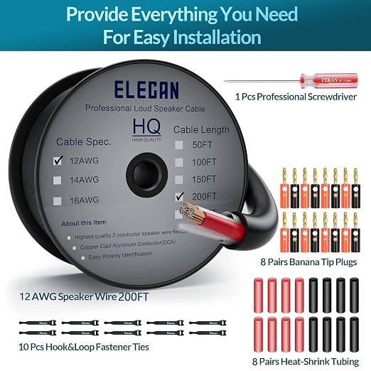 Elecan Pro Series 12/2 Outdoor Speaker Wire Cable 200 Ft 12 Gauge AWG with Tool Kits-Direct Burial in Wall CL3 CL2 Rated-PVC Jacket&Film&Cotton for Home Theater,Car Audio Speaker,Stereos-Black