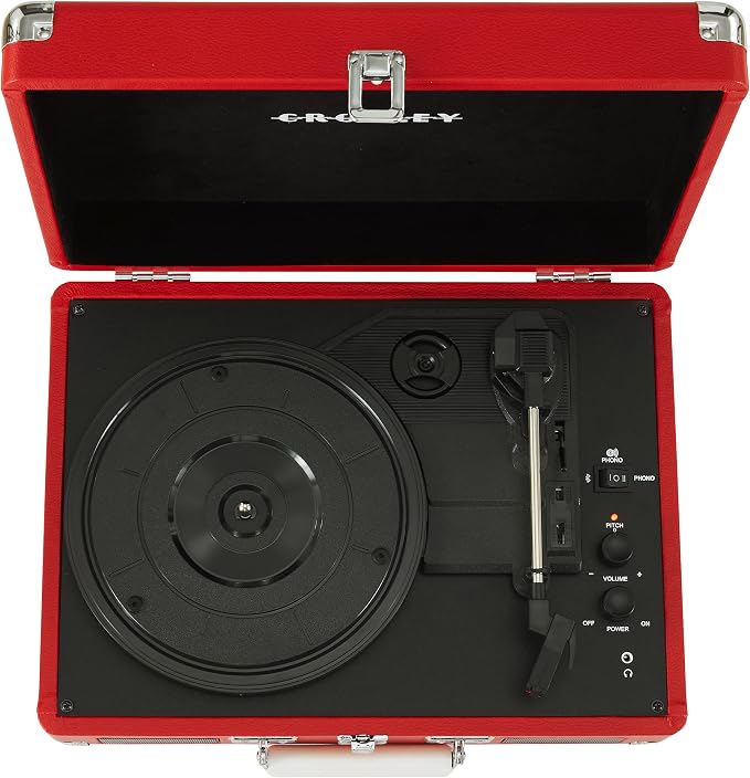 Crosley CR8005DP-RE1 Cruiser Plus Vintage 3-Speed Bluetooth in/Out Suitcase Vinyl Record Player Turntable, Red